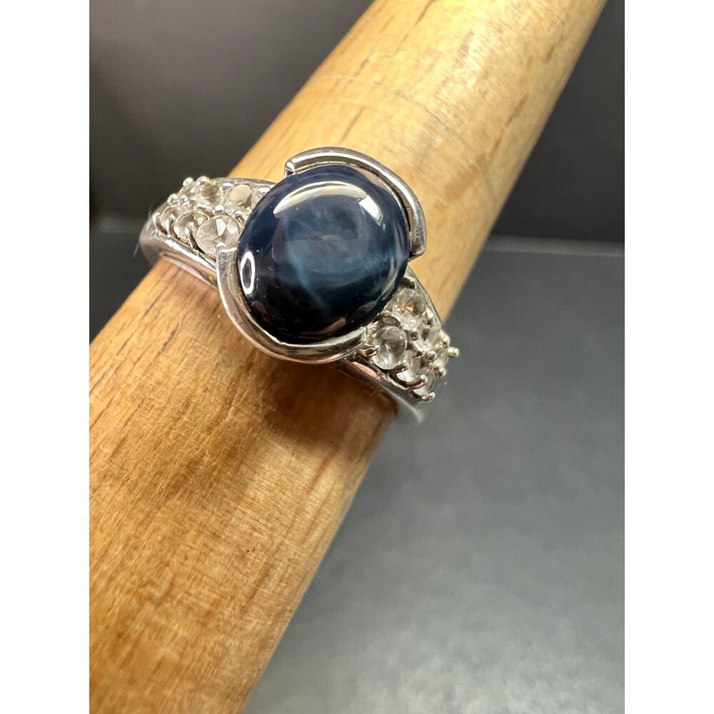 Vintage Star Sapphire & White Topaz Sterling Silver Ring 8